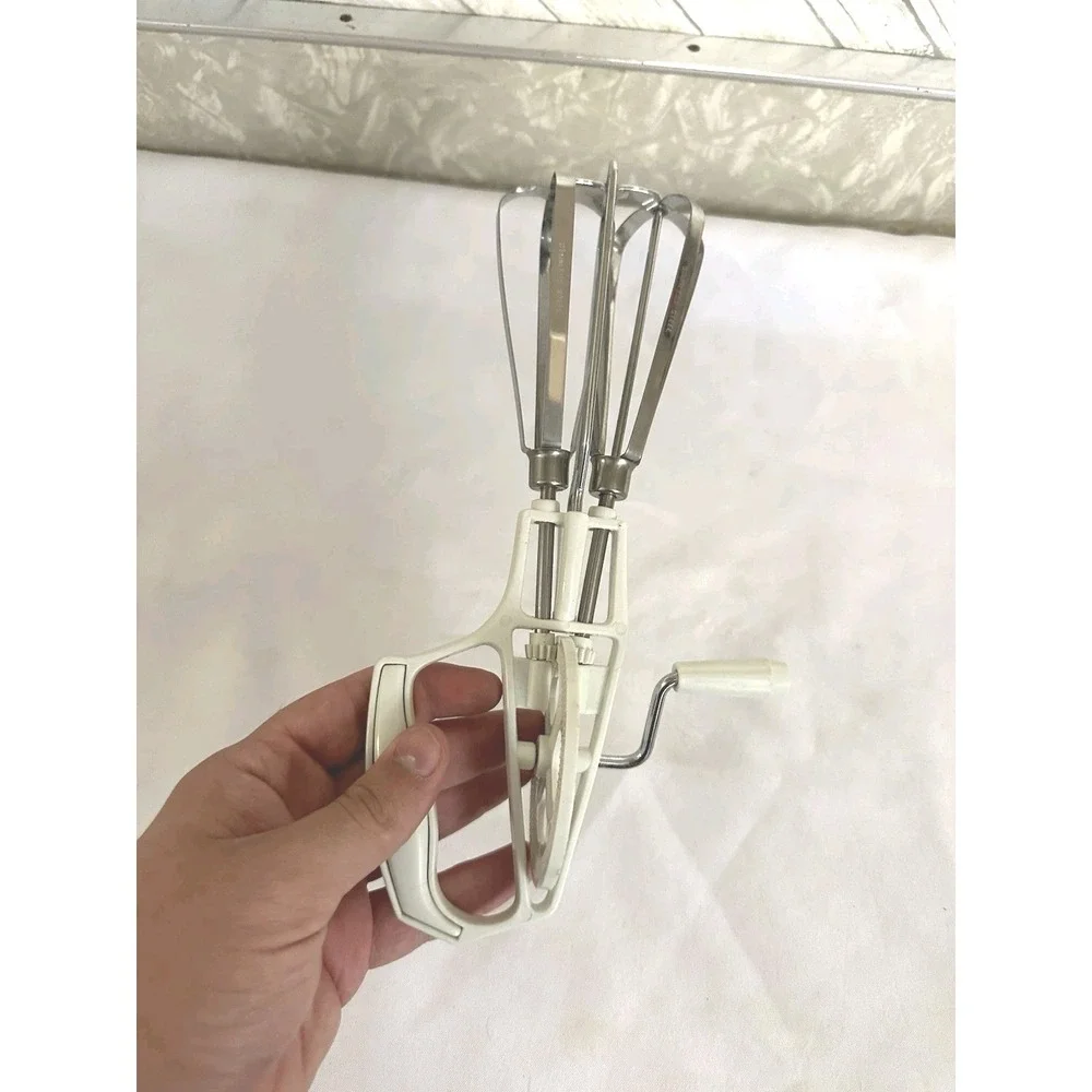 Hand Held Crank Manual Mixer Egg Beater Kitchen Stainless Steel w/ Side Handle